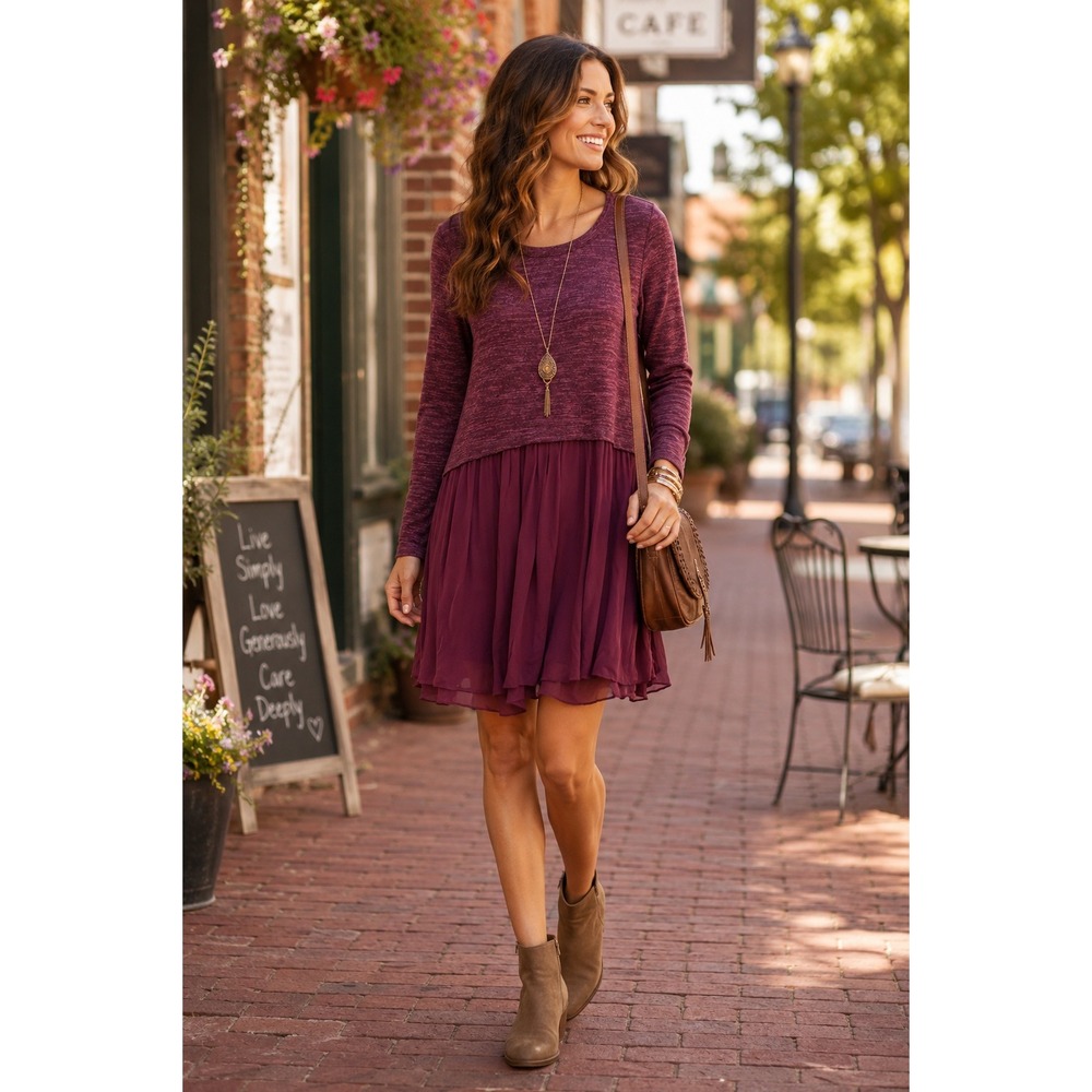 LOGO Lori Goldstein Womens XS Mixed Media Mini Dress Burgundy Long Sleeve Knit